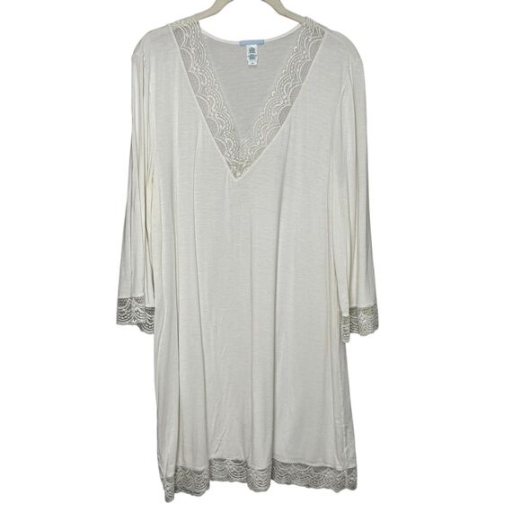 Eberjey Nightgown Womens Small Ivory Lace Trim V Neck 3/4 Sleeve Sleep Shirt - Picture 1 of 8